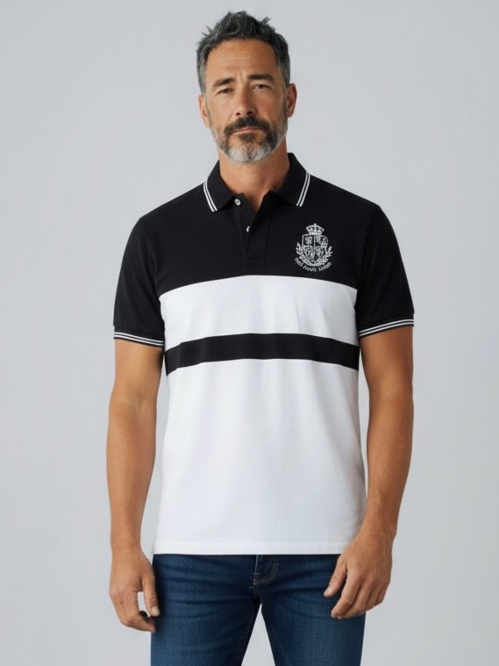 Polo Ralph Lauren Black and White Colorblock Crest Polo Shirt Size L New